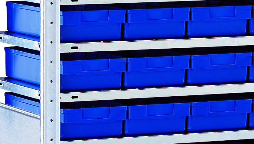 GR, kleinverpakkingstellingsset 3 MULTIplus150, 2000 x 1000 x 400 mm, verzinkt, 16 legborden, 75 systeembakken 83x186x400 mm blauw