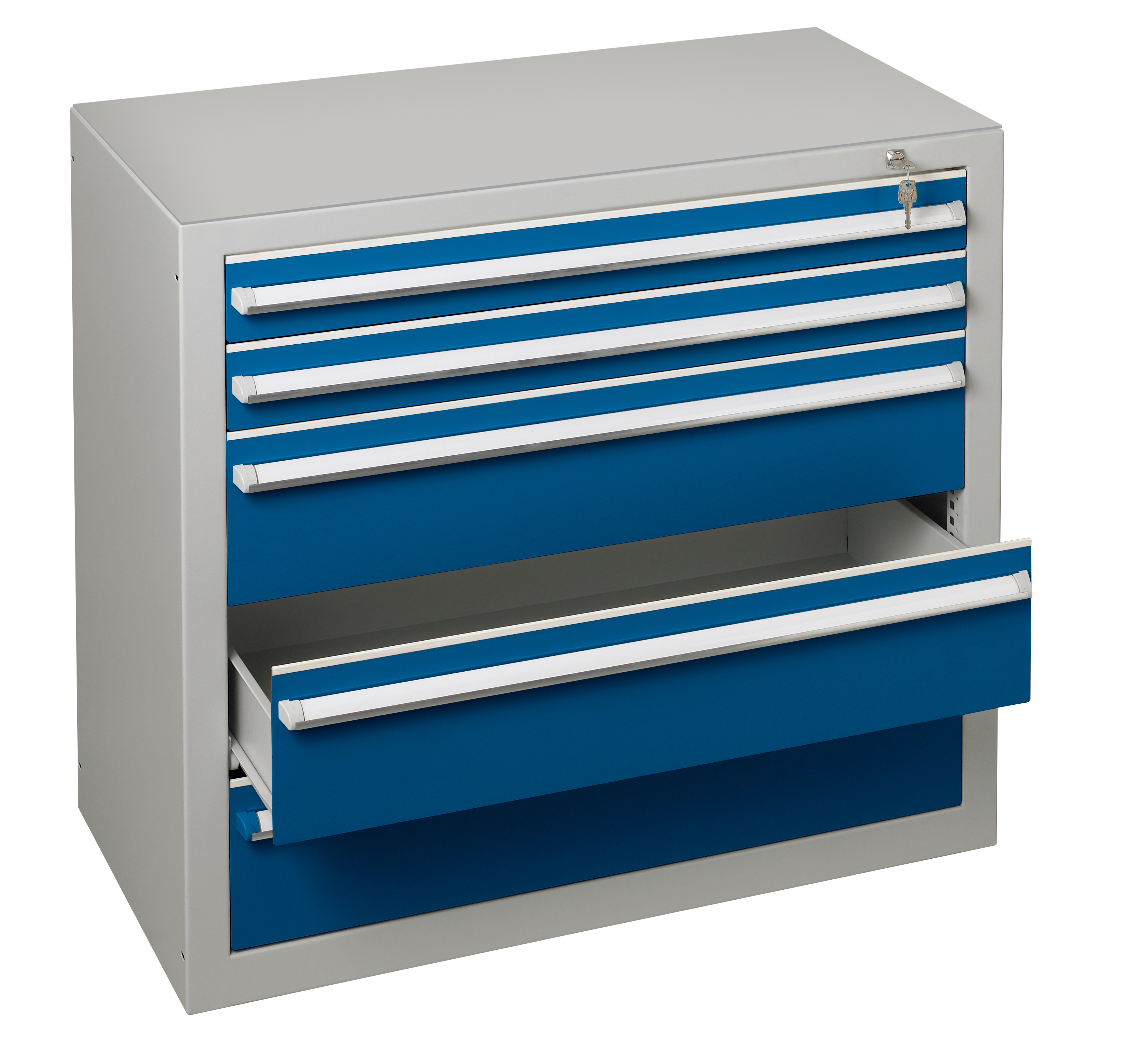 Ladenblok (deur) 900 x 1000 x 500 mm, K/S RAL 7035 lichtgrijs/RAL 5010 gentiaanblauw, laden 2 x 100 mm, 3 x 200 mm